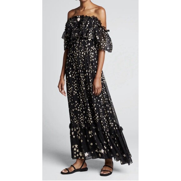 LoveShackFancy Dresses & Skirts - LoveShackFancy Black Silk Gold Metallic Star Maxi Off Shoulder Chiffon Dress 2